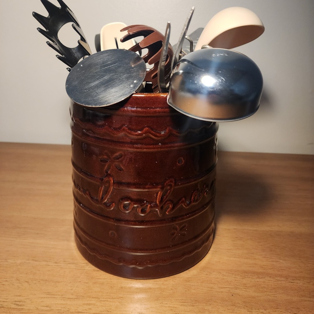 Vintage Utensil Crock With Multiple Vintage Utensil Lot